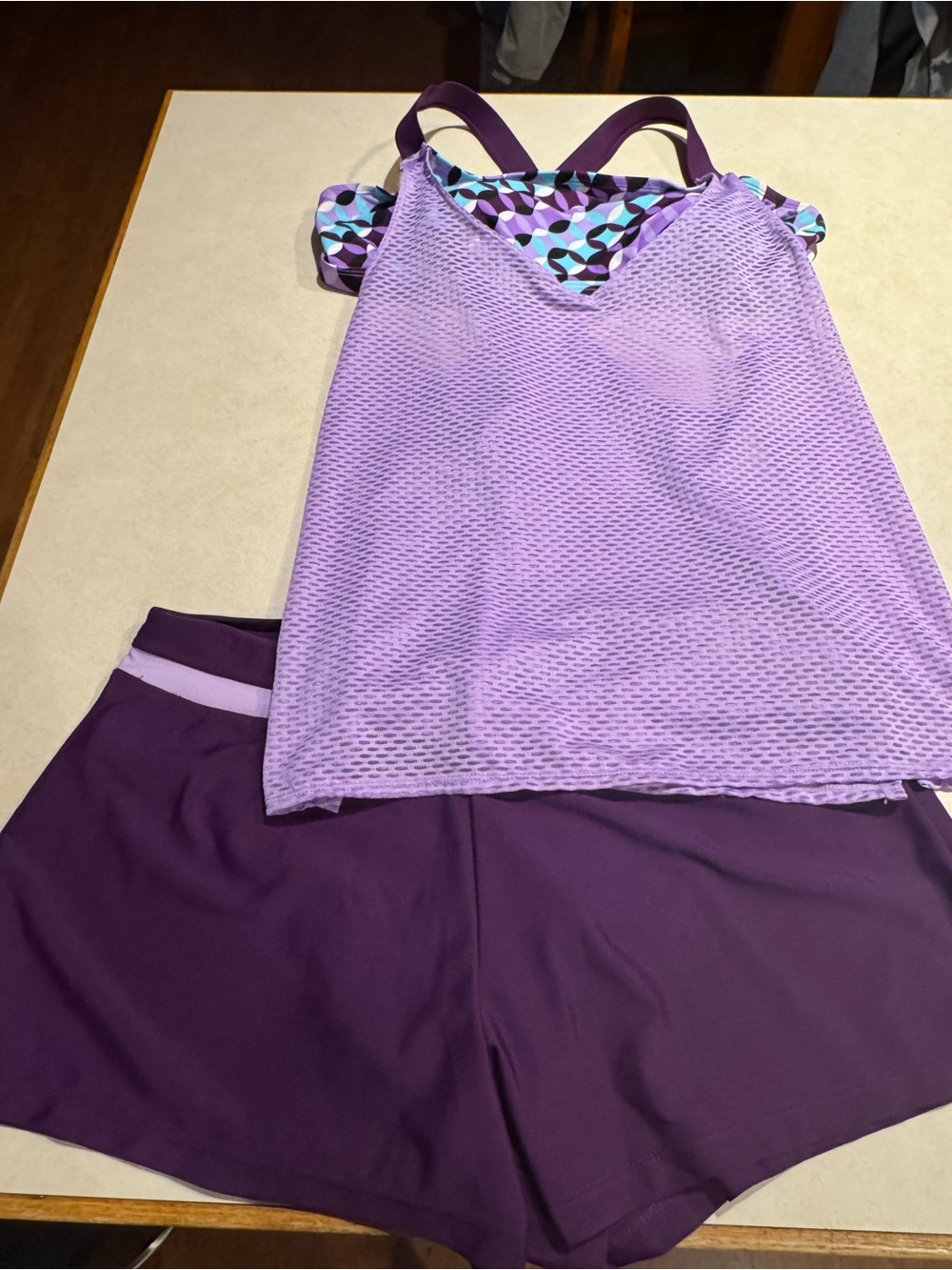 Two-Piece Women’s Purple Mesh Tankini with Deep Plum Swim Shorts